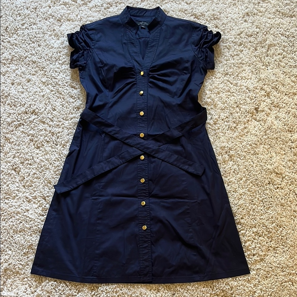 Tahari Blue Buttoned Dress with Puff Sleeves
